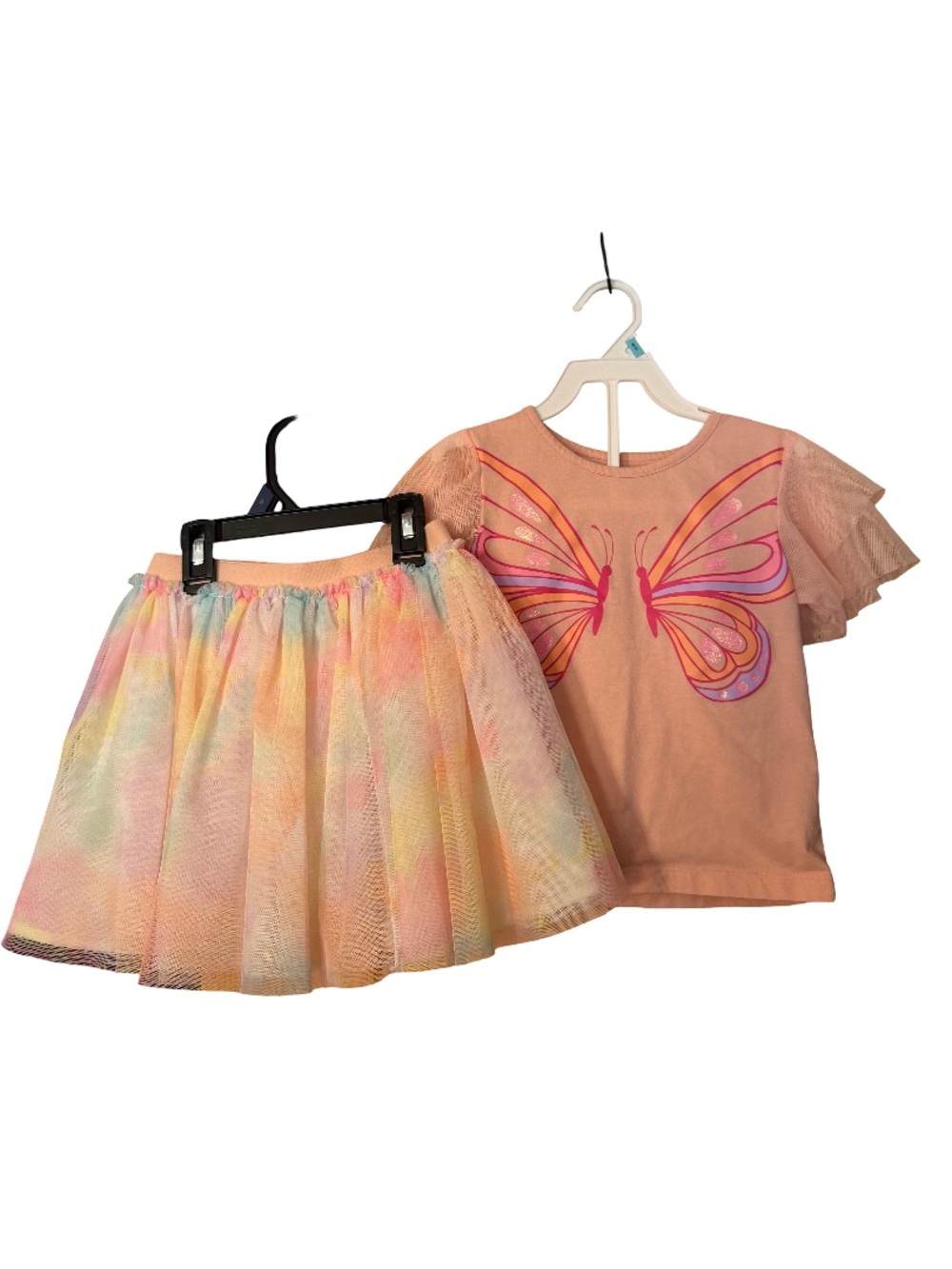 Girls Peach Butterfly Top & Pastel Tulle Skirt Matching Set